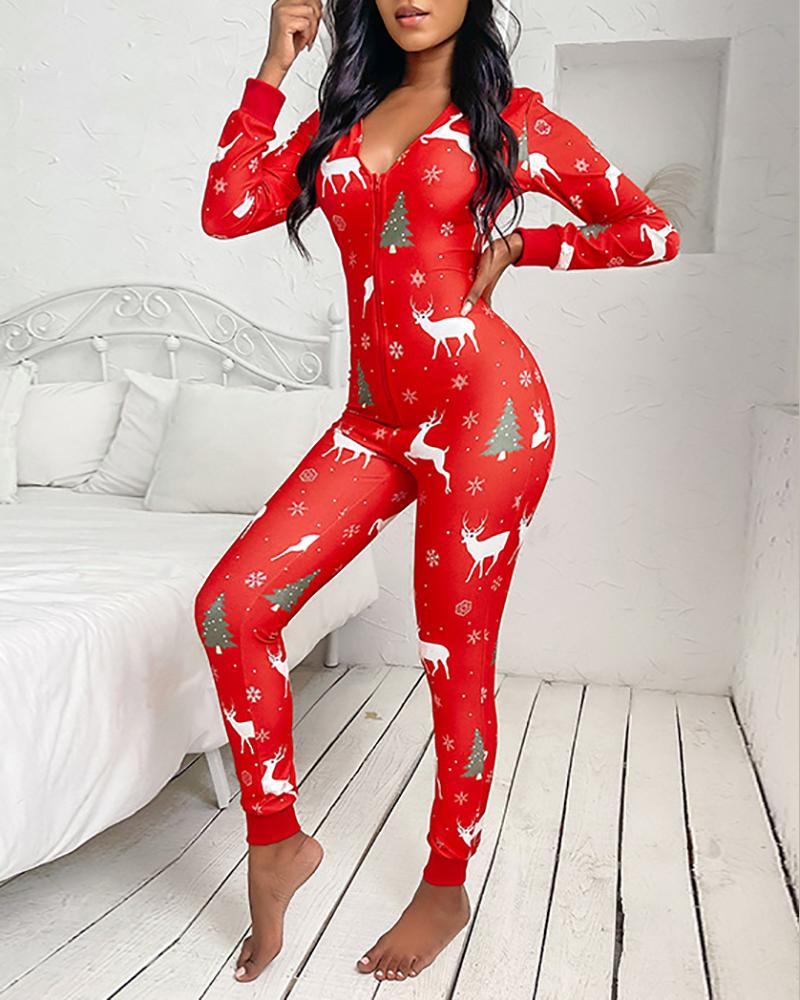 

Christmas Mixed Print Hooded Lounge Jumpsuit, White