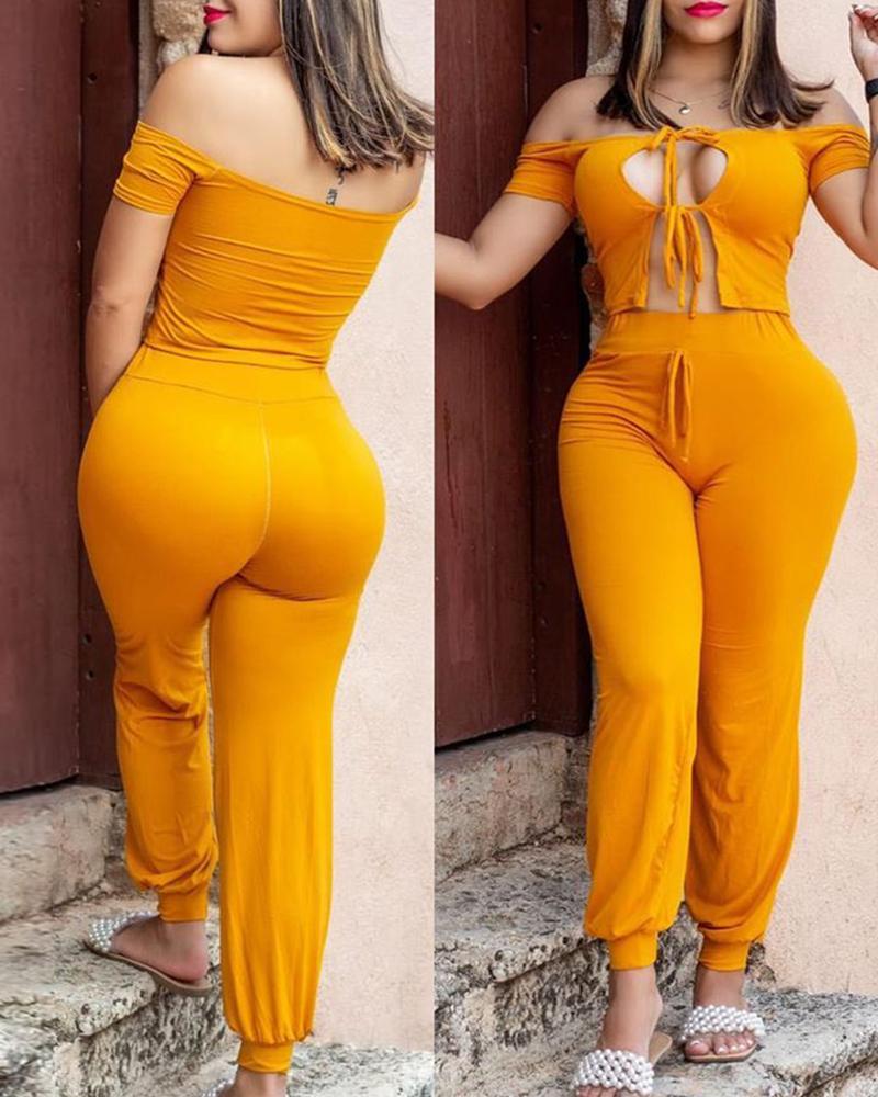 

Off Shoulder Plain Cutout Top & Pants Set, Yellow