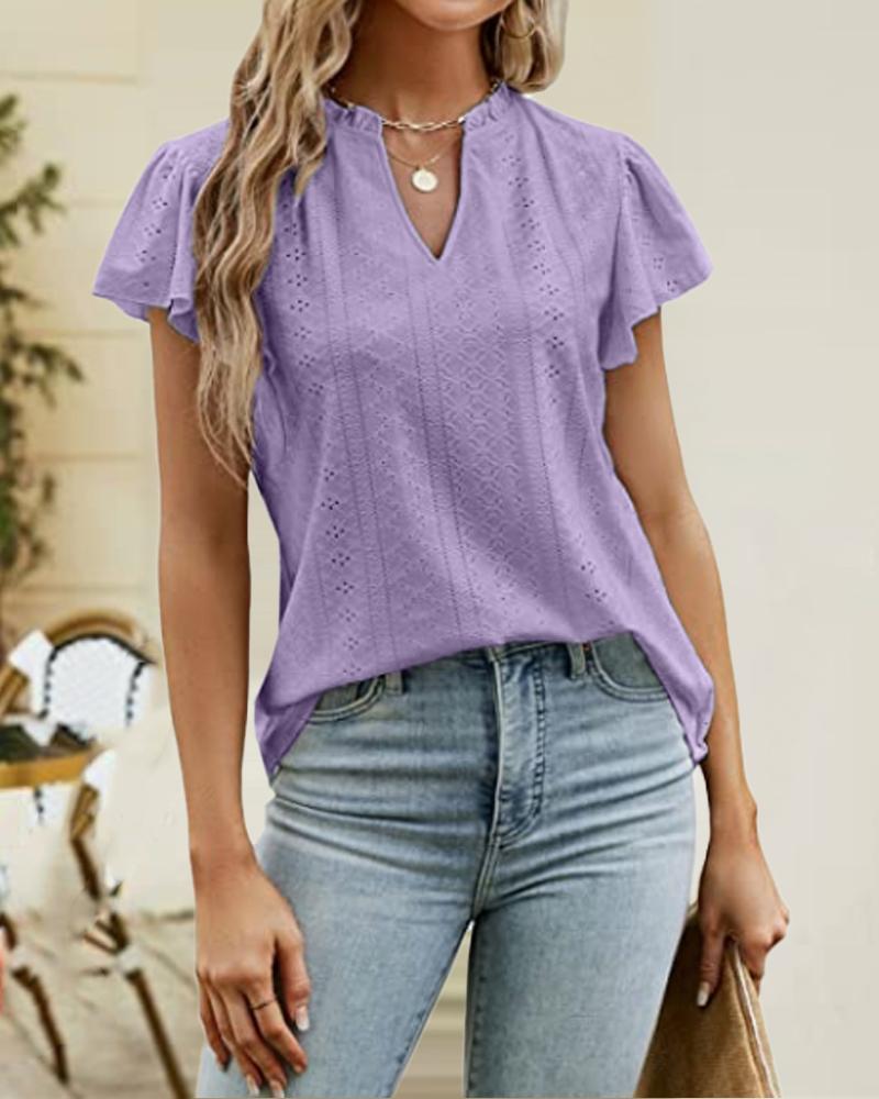 

Hollow Out Frill Hem V-Cut Top, Purple