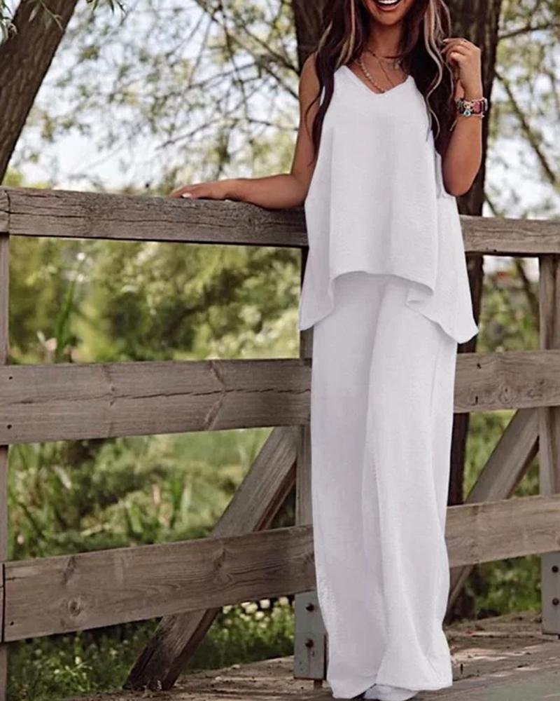 

V-Neck Cami Top & Wide Leg Pants Set, White