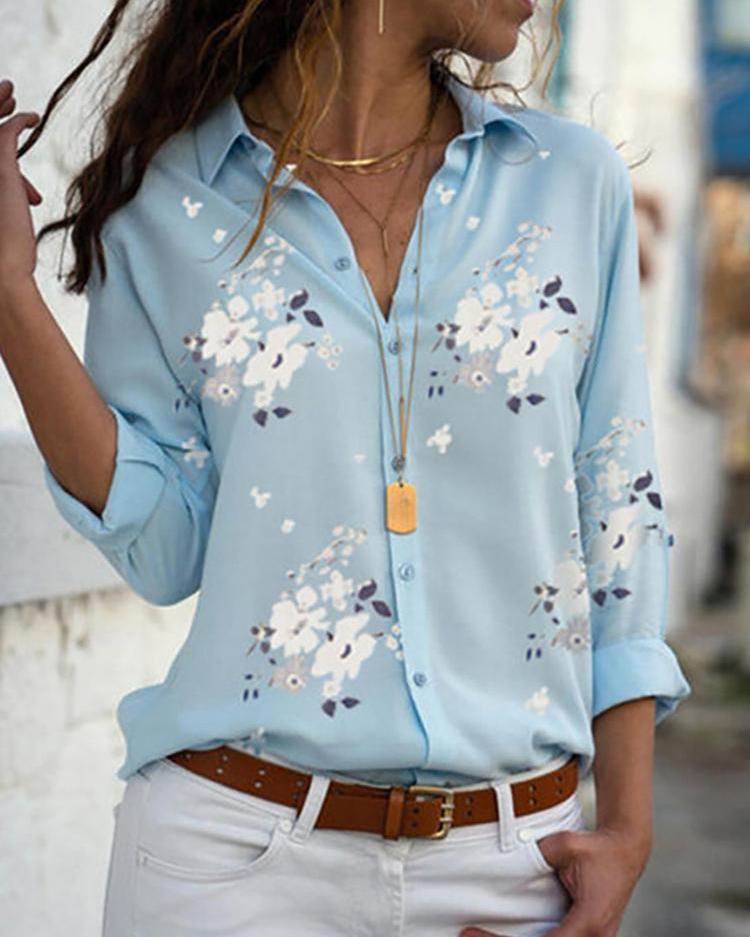 

Floral Print Long Sleeve Casual Shirt, Blue