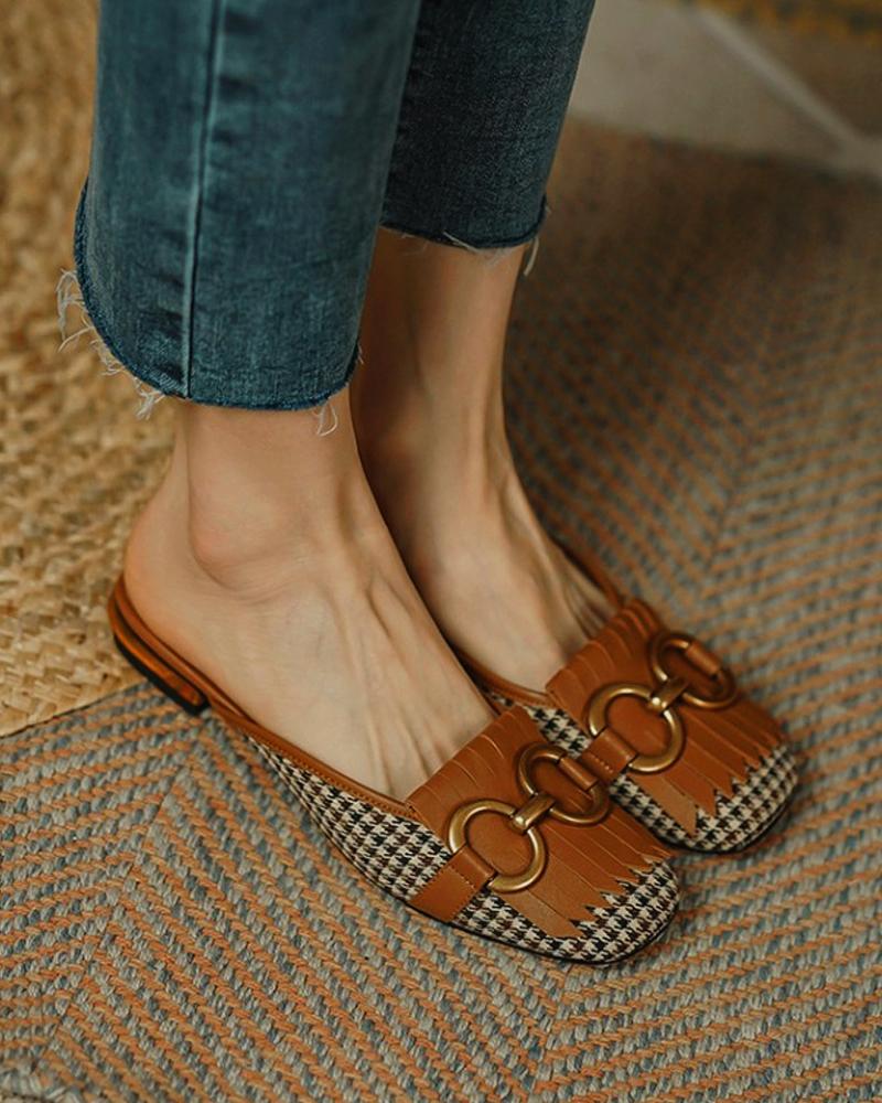 

Houndstooth Patchwork Sqaure-toe Flat Mule Slip-on, Brown