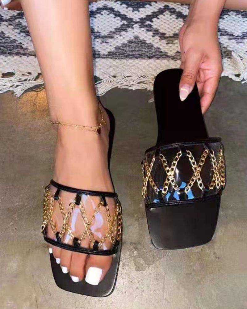 

Crystal PVC Upper Open-toe Flat Sandals, Black
