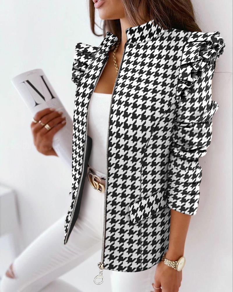 

Houndstooth Print Ruffle Hem Zip Up Coat, Blackwhite