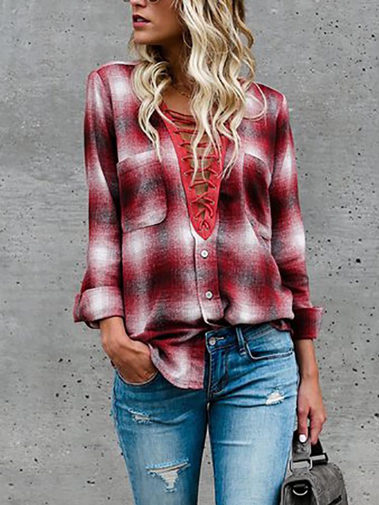 

Fashion Tartan Lace-up Buttoned Casual Blouse, Red