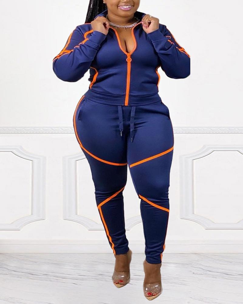 

Plus Size Contrast Paneled Zip Up Top & Pants Set, Blue