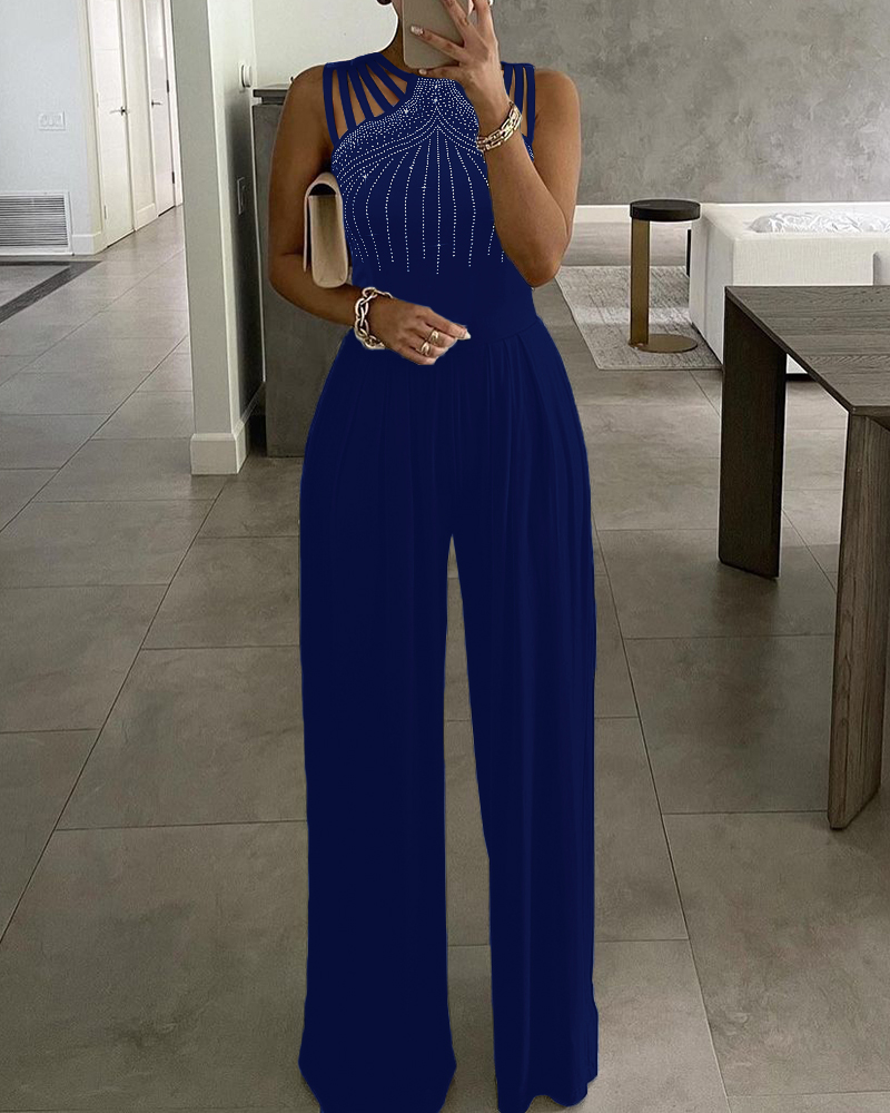 

Rhinestone Cutout Ruched Wide Leg Jumpsuit, Blue