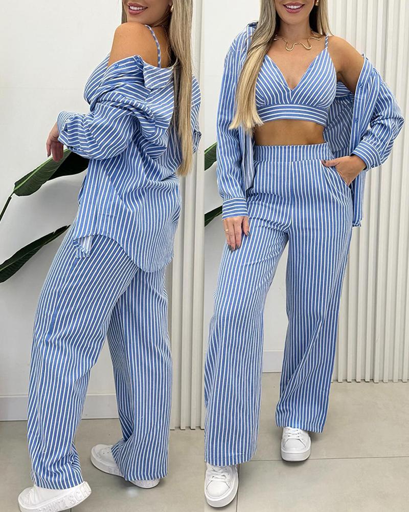 

Striped Crop Cami Top & Pocket Design Pants Set With Buttoned Coat, Blue