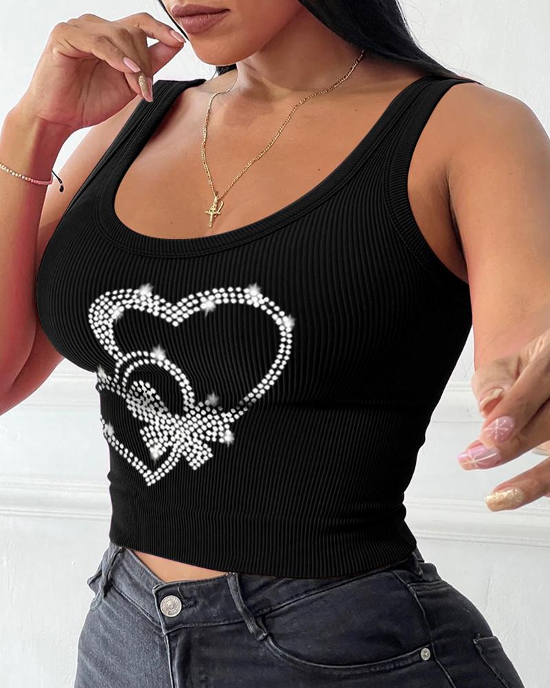 

Rhinestone Double Heart Pattern Tank Top, Black