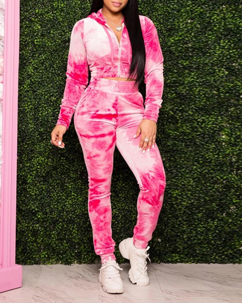 

Tie Dye Hooded Long Sleeve Suit Sets, Hot pink