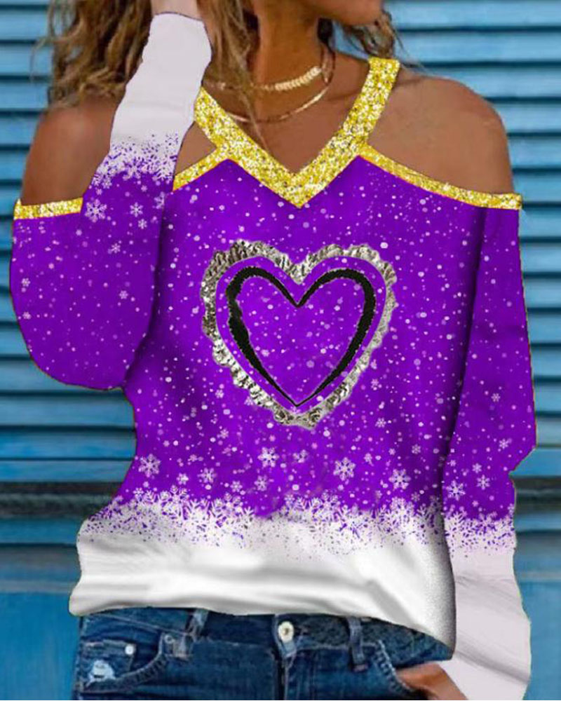 

Christmas Print Sequin Heart Cold Shoulder Top, Purple