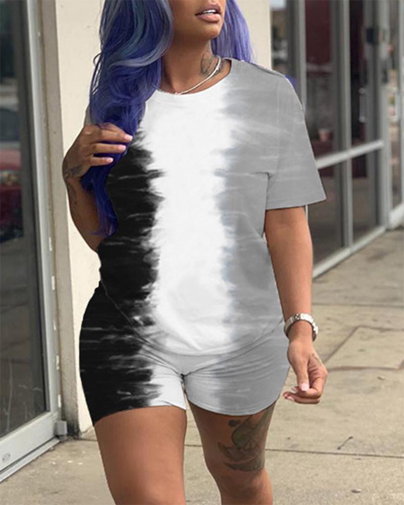

Plus Size Tie Dye Print Short Sleeve Top & High Waist Shorts Set, Black