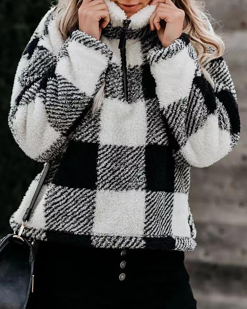 

Zipper Front Plaid Print High Neck Top, Black