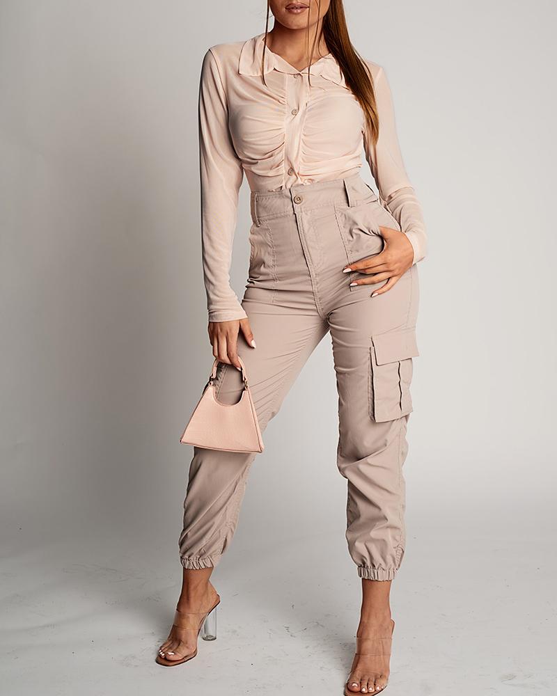

High Waist Pocket Design Cargo Pants, Khaki