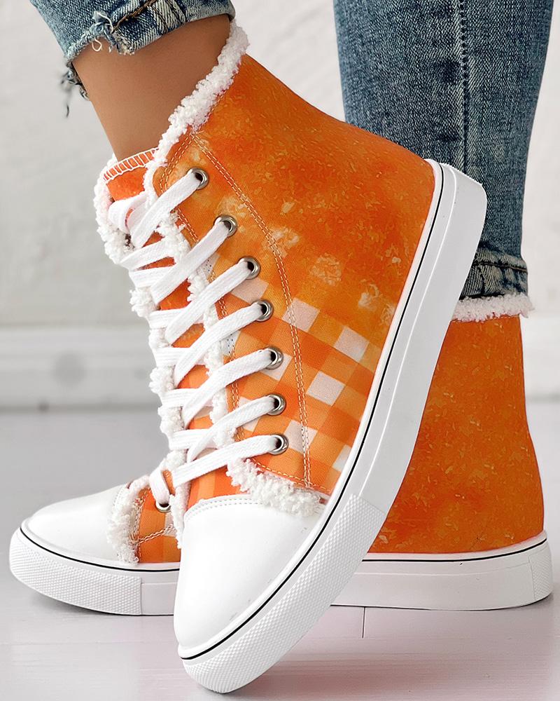 

Colorblock Plaid Print Lace-up Lined Ankle Boots, Orange