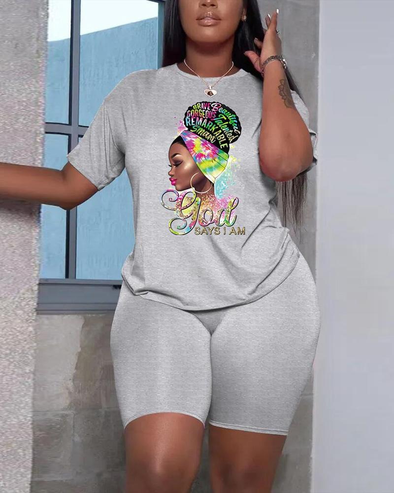 

Figure Letter Print Casual Top & Shorts Set, Gray