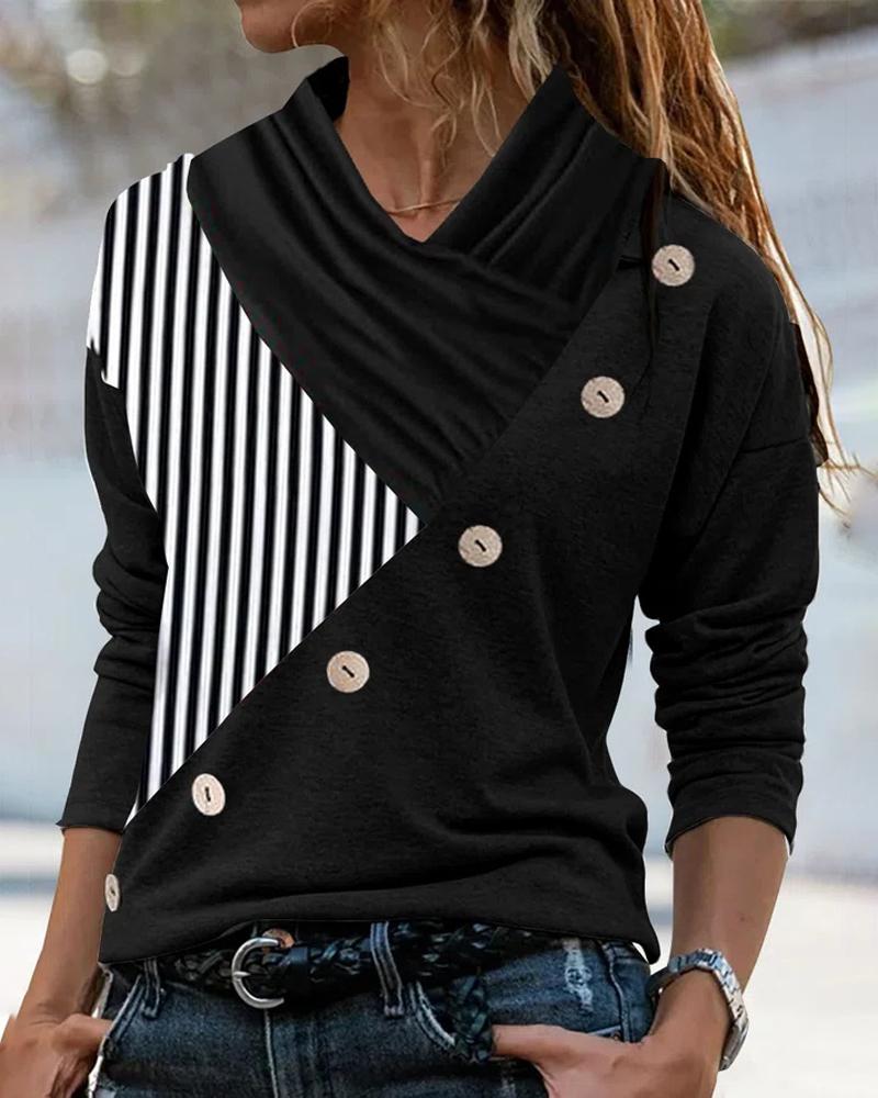 

Striped Patchwork Button Decor Long Sleeve Top, Black
