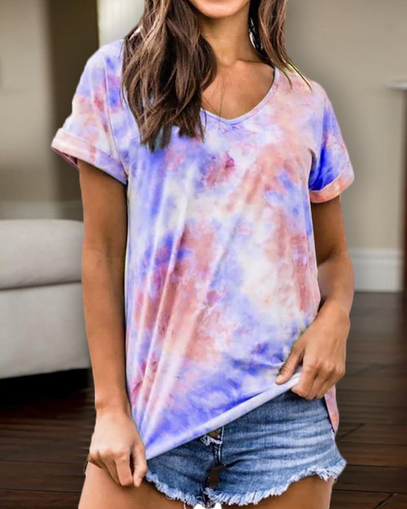 

V-neck Tie Dye Print Casual T-shirt, Blue