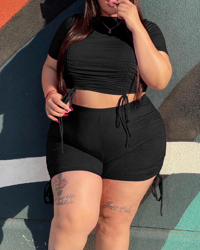 

Plus Size Drawstring Ruched Crop Top & Shorts Set, Black