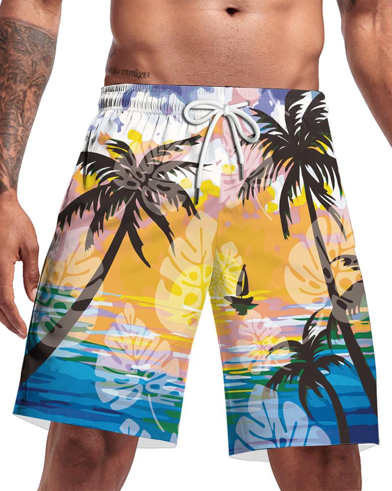 

Vacation Style Patterns Print Loose Drawstring Shorts, Multicolor