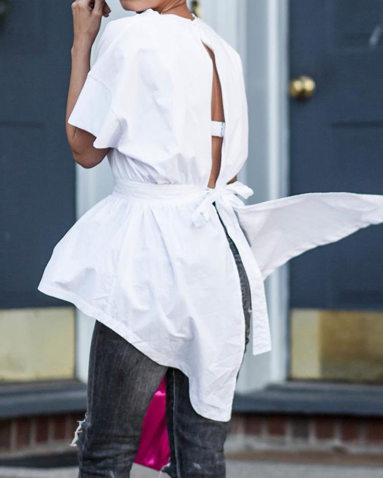 

Slit Backless Short Sleeve Dip Hem Top, White