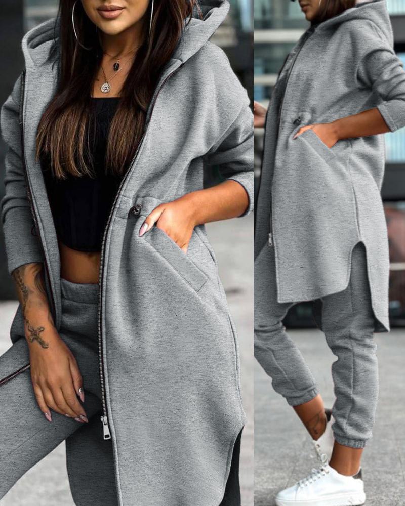 

Zipper Design Longline Hooded Coat & Cuffed Pants Set, Gray