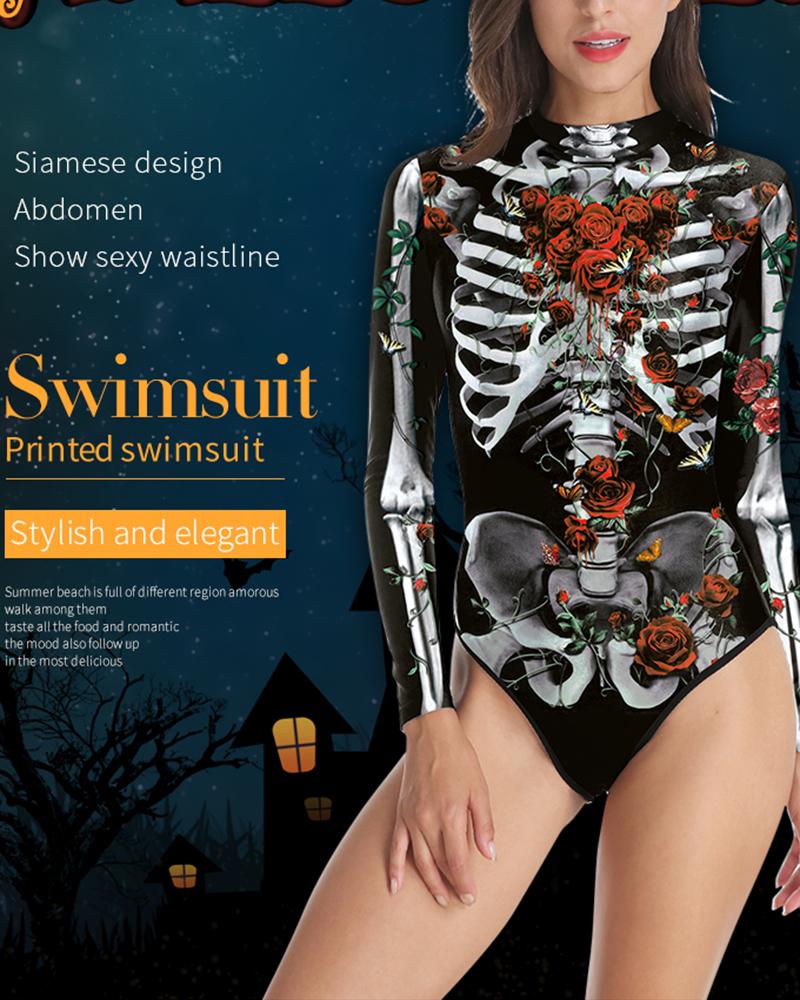 

Halloween Long Sleeve Rose Skeleton Print Costume Bodysuit, Black