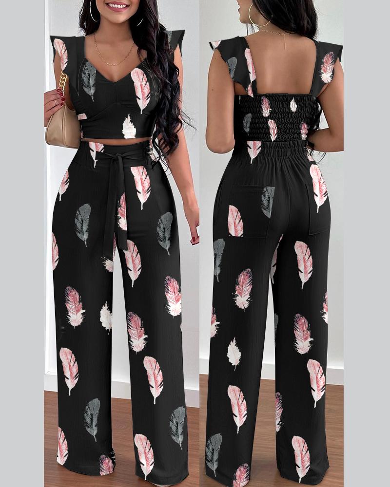 

Feather Print Shirred Crop Top & High Waist Pants Set, Black