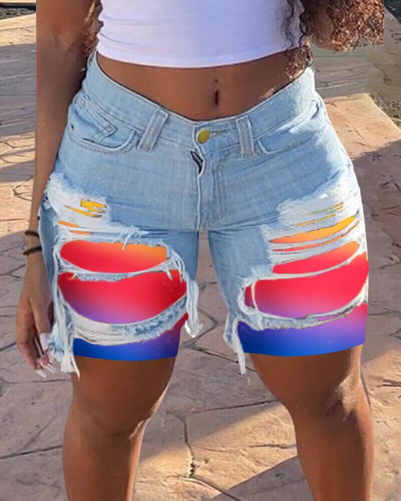 

Ombre Ripped Patchwork Raw Hem Denim Shorts, Blue