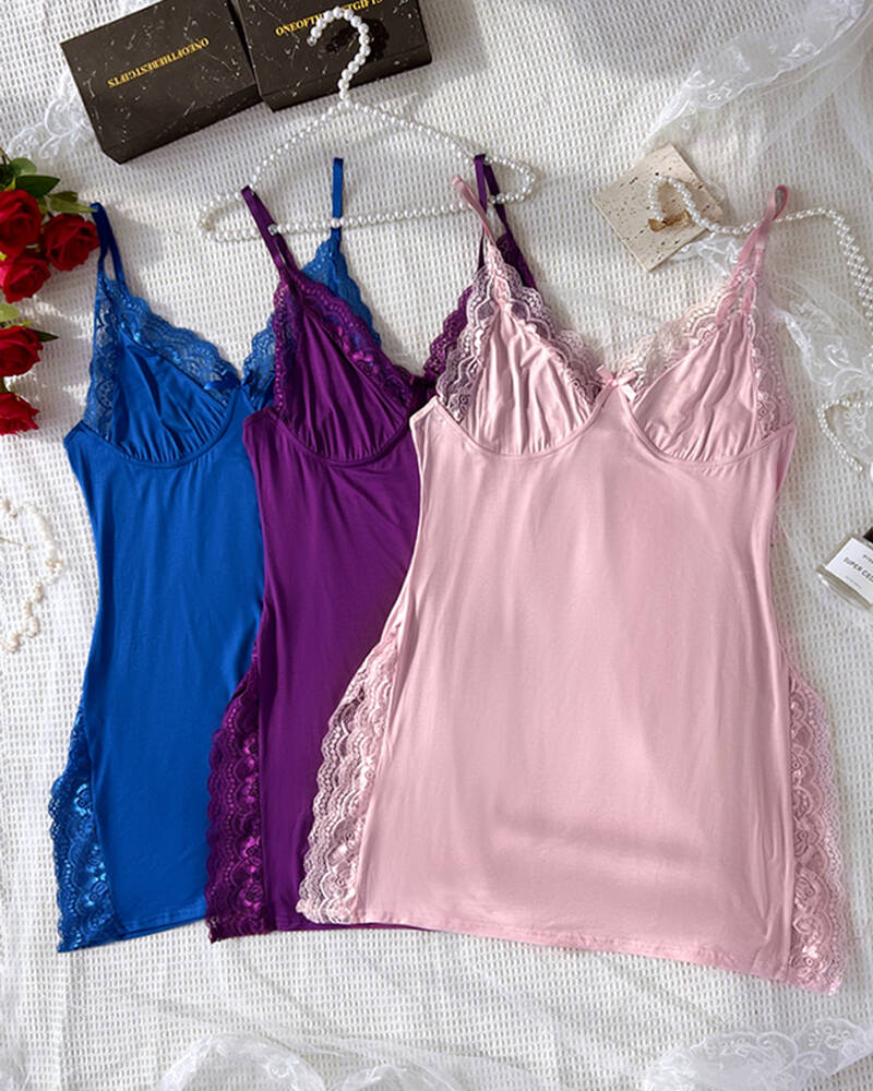 

Pacote com 3 pijamas fofos de cor sólida com acabamento em renda e fenda lateral com laço e decoração modal Cami Sleep Dress, Style2