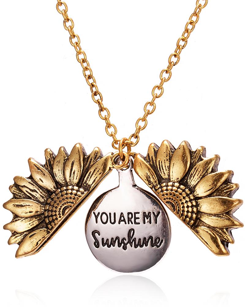 

1pc Engraved Hidden Message You Are My Sunshine Sunflower Locket Necklace, Gold