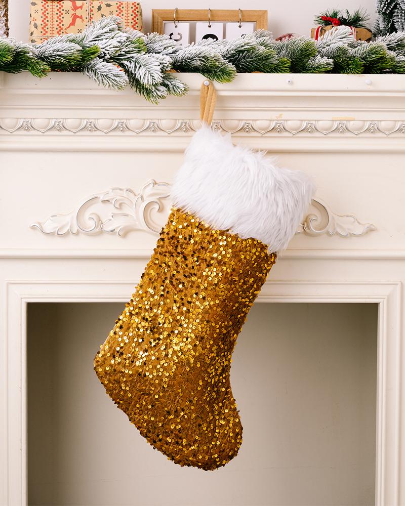

1pc Christmas Stocking Allover Sequin Hanging Stocking Christmas Tree Ornament Spoon Fork Bag Kids Gift Decoration Party Supplies, Gold