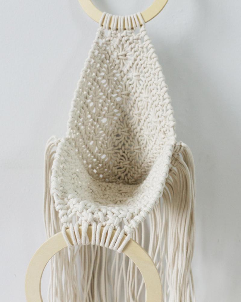 

Crochet Braided Tassel Round Handle Beach Handbag, White