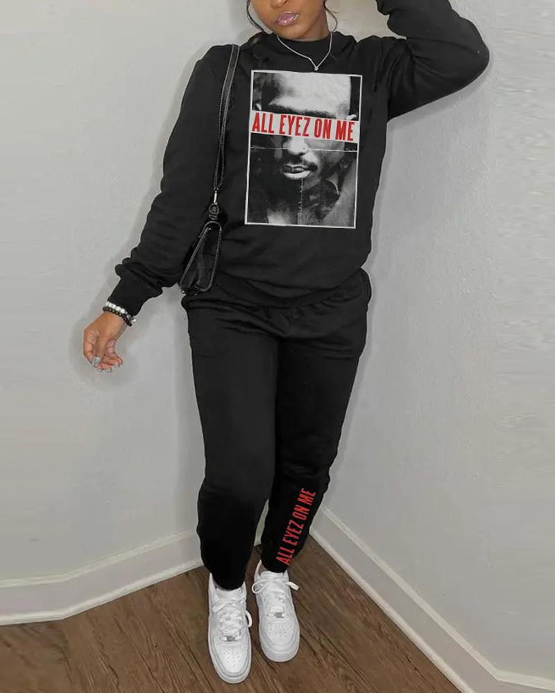 

Graphic Letter Print Long Sleeve Top & Pants Set, Black