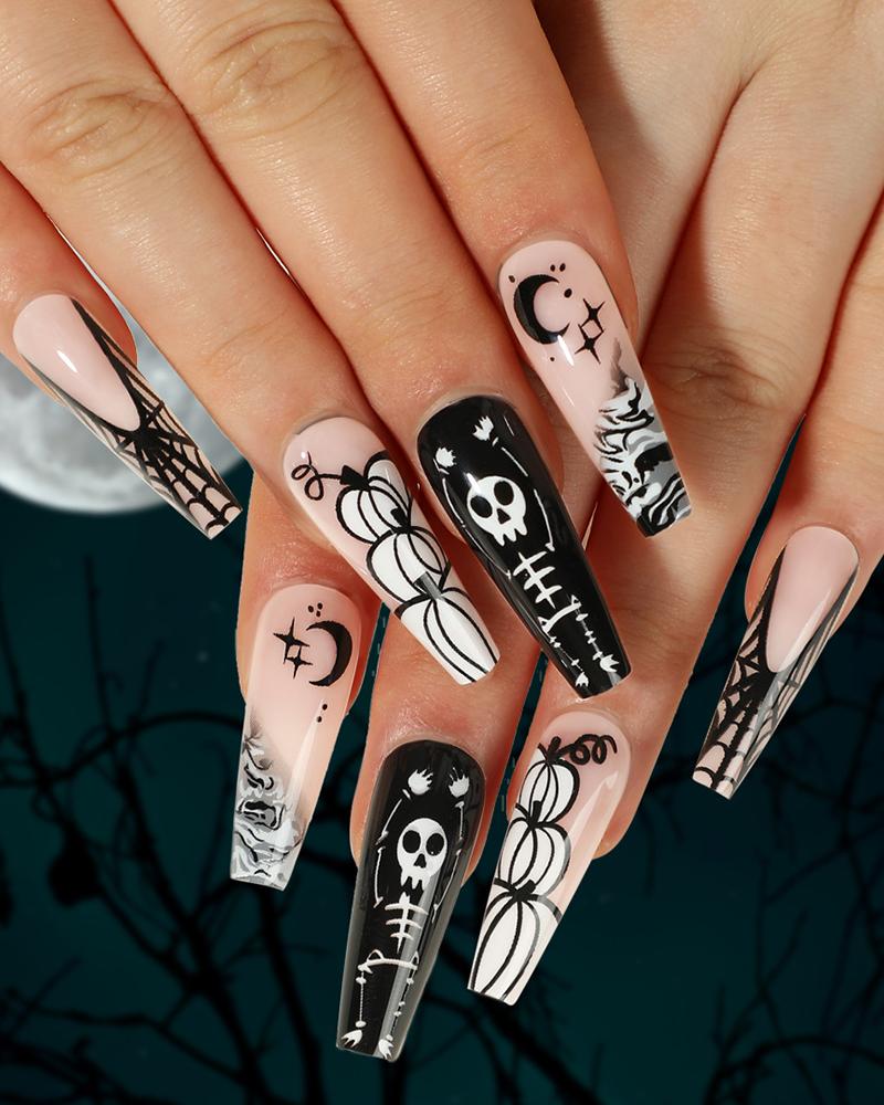 

24pcs Halloween Spider Web Pumpkin Skeleton Glossy Coffin Press On False Nails Set, Black