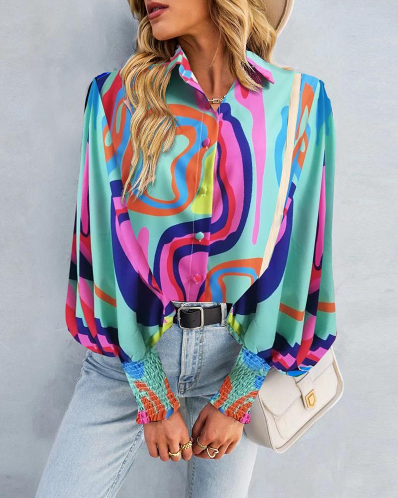 Abstract Print Lantern Sleeve Ruched Top