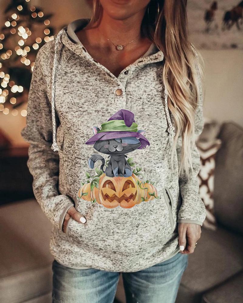 

Halloween Graphic Print Pocket Design Buttoned Drawstring Casual Hoodie, Gray