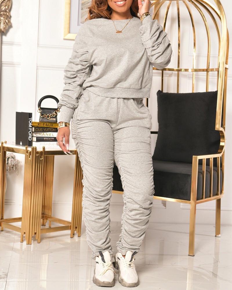 

Ruched Fold Sweatshirt & High Waist Pants Set, Gray