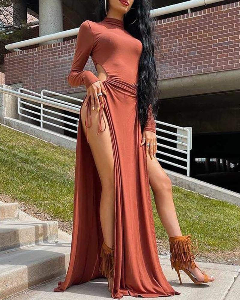 

Plain Mock Neck Long Sleeve Cutout Drawstring Slit Maxi Dress, Brown