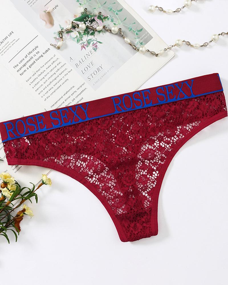 

Hollow-out Seeing Through Letter Print Low Waist Skinny Sexy Short Panties, Wine red