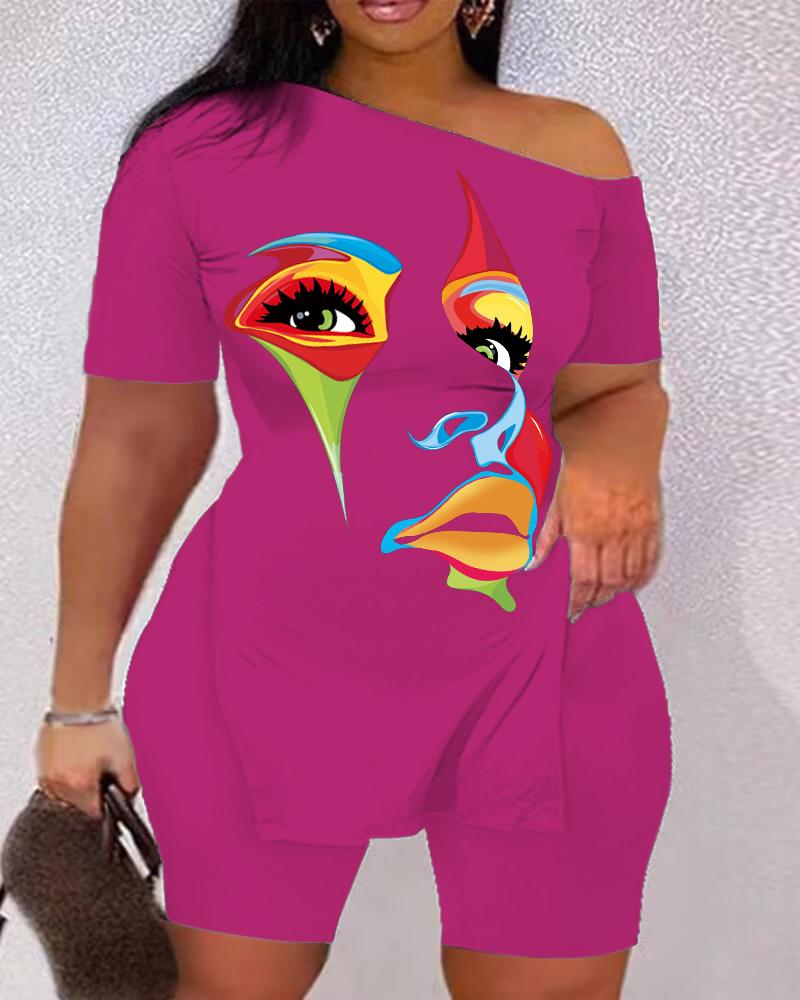 

Plus Size Abstract Figure Print Side Slit Top & Shorts Set, Hot pink