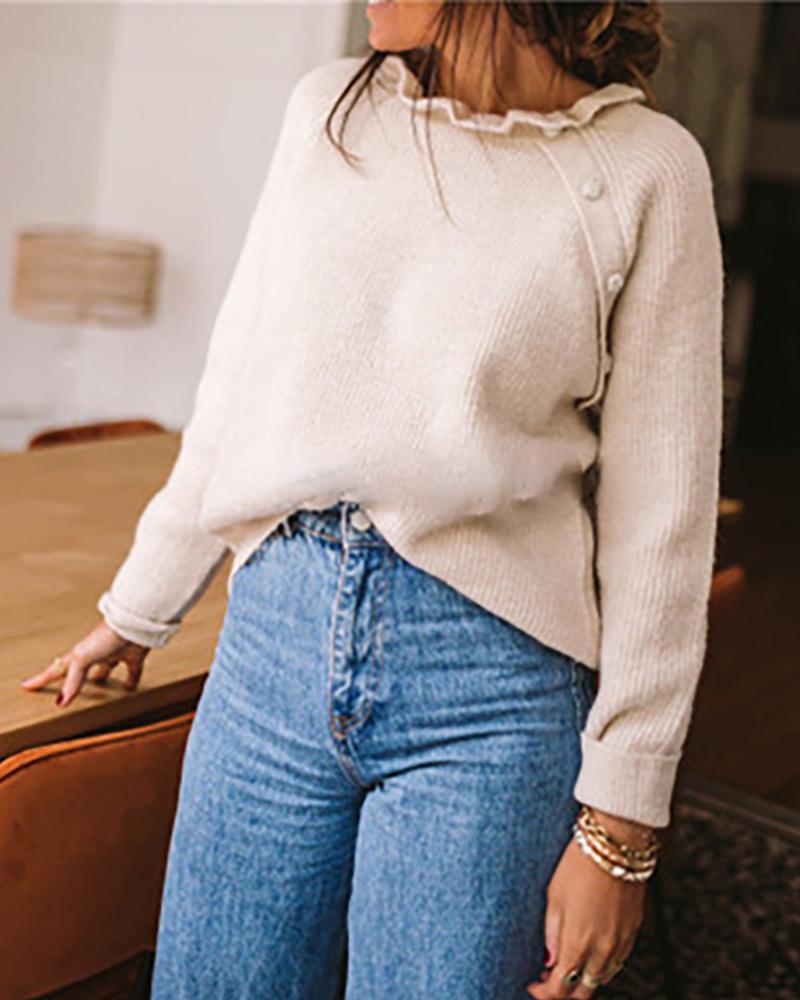 

Long Sleeve Frill Hem Button Decor Sweater, Apricot