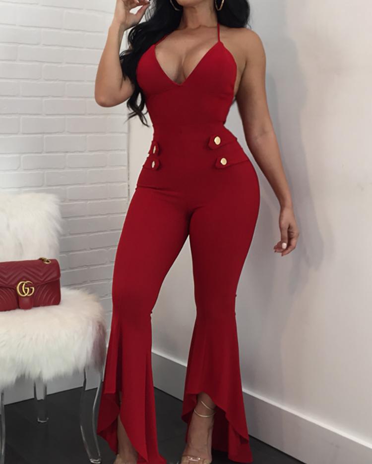 

Halter Open Back Ruffles Hem Slinky Jumpsuit - Red