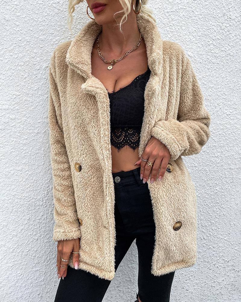 

Long Sleeve Double Breasted Casual Teddy Coat, Apricot