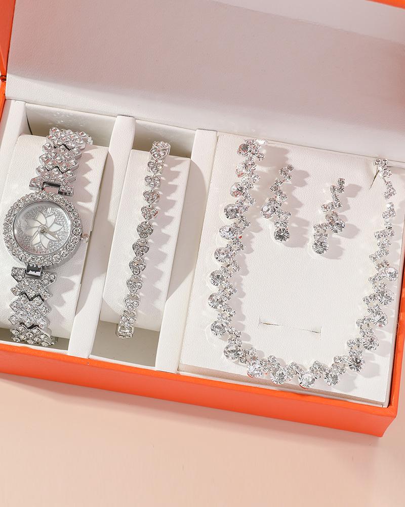 

4pcs Mother's Day Gifts Allover Rhinestone Quartz Watch & Bracelet & Drop Earrings & Necklace Jewelry Set, Silver