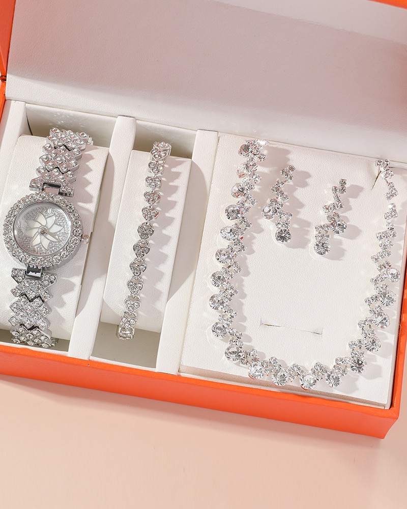 4pcs Mother's Day Gifts Allover Rhinestone Quartz Watch & Bracelet