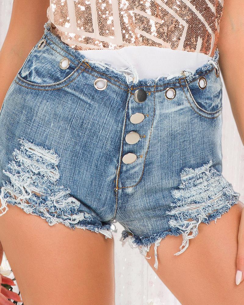 

Button Design Ripped Fringe Hem Denim Shorts, Blue