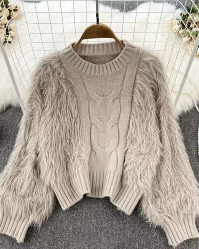 

Braided Round Neck Fuzzy Sweater, Khaki