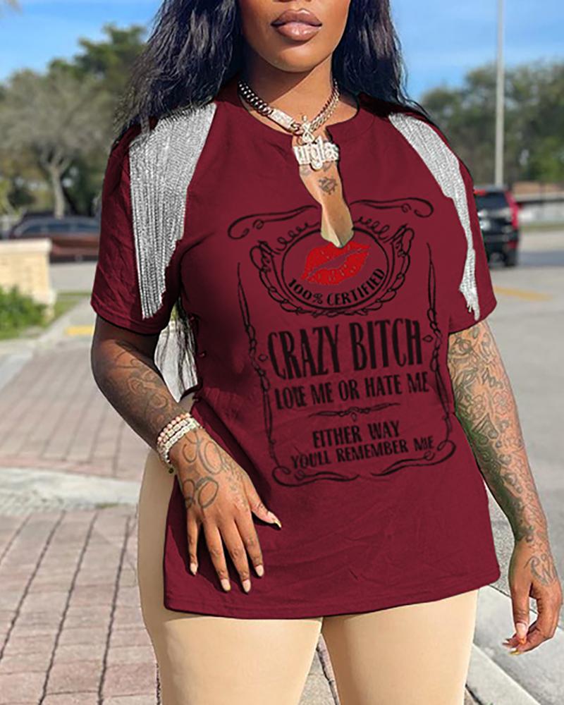 

Lip Letter Print Tassel Design Slit T-shirt, Wine red