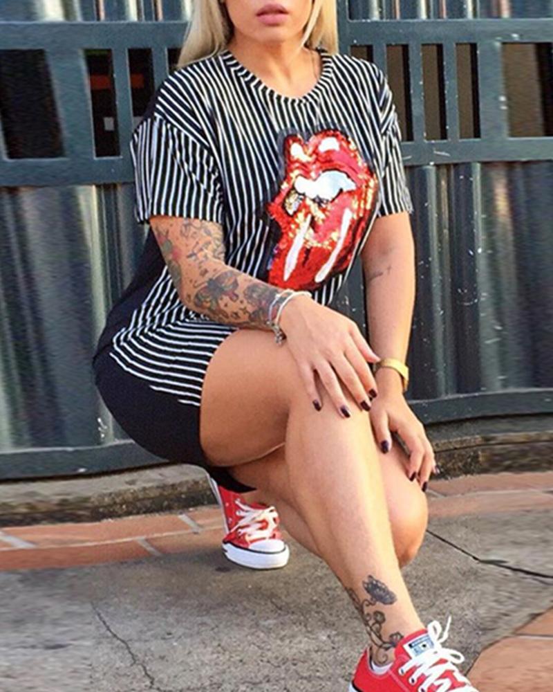 

Striped Mouth Pattern Casual Dress, Black